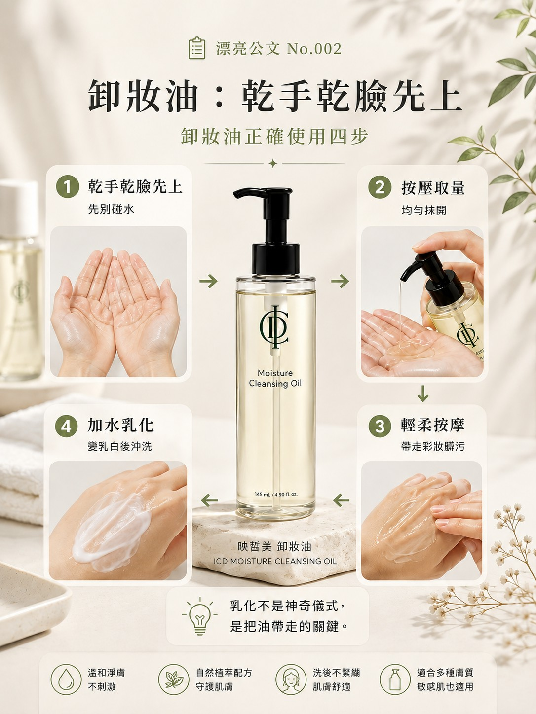 卸妝油正確使用四步：乾手乾臉、按壓取量、輕柔按摩、加水乳化
