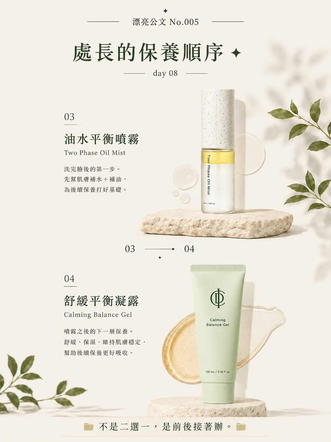 處長的保養順序：03 油水平衡噴霧，接著 04 舒緩平衡凝露